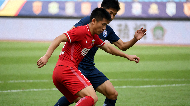 足球比赛激烈对抗瞬间，球员在禁区前争夺球权